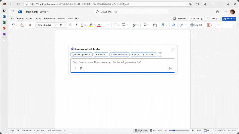 Gif in dem der Copilot in Word einen Entwurf auf Grundlage eines Dokuments und einer Notiz erzeugt