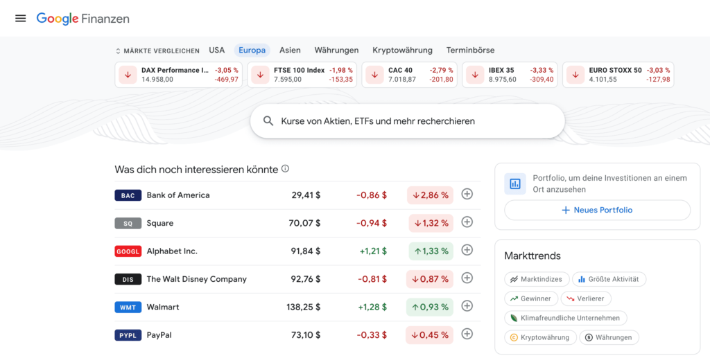 Die Startseite von Google Finanzen mit einigen Aktienkursen
