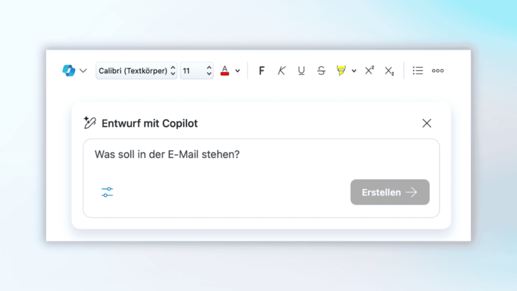 Screenshot aus Outlook mit einer Eingabemaske für Copilot für einen Entwurf
