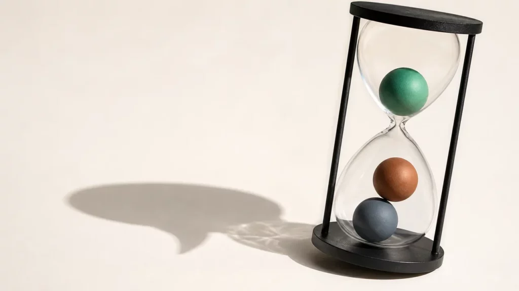 Eine reduzierte Sanduhr mit genau drei großen Perlen steht für den schnellen Einstieg; ihr Schatten deutet eine Sprechform an