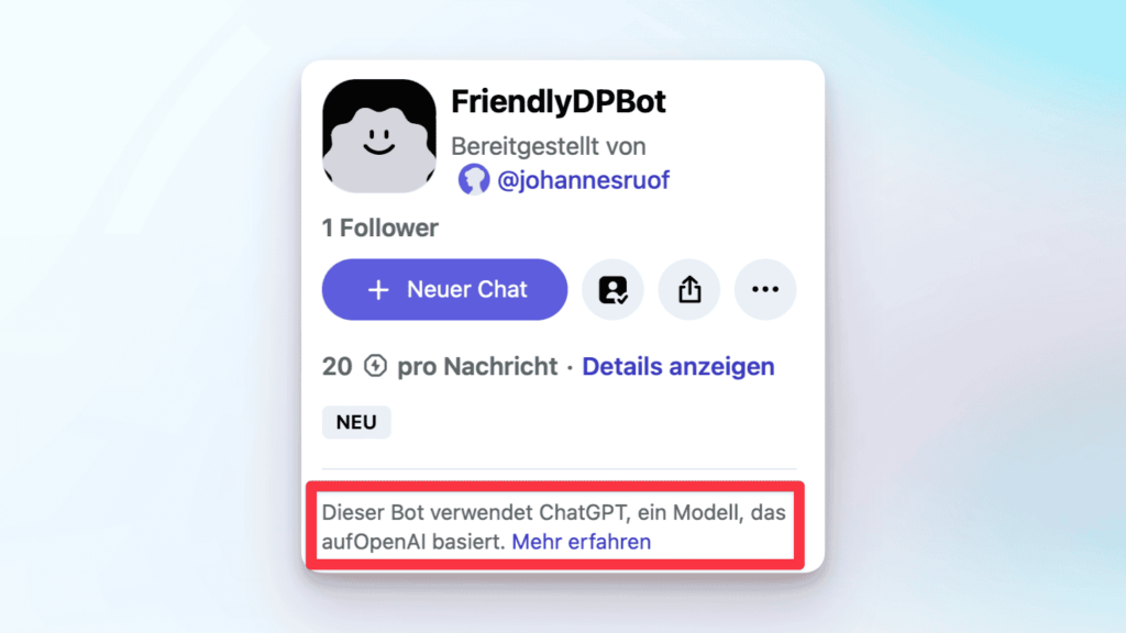 Screenshot des FriendlyDPBots bei Poe der ChatGPT als Basismodell verwendet