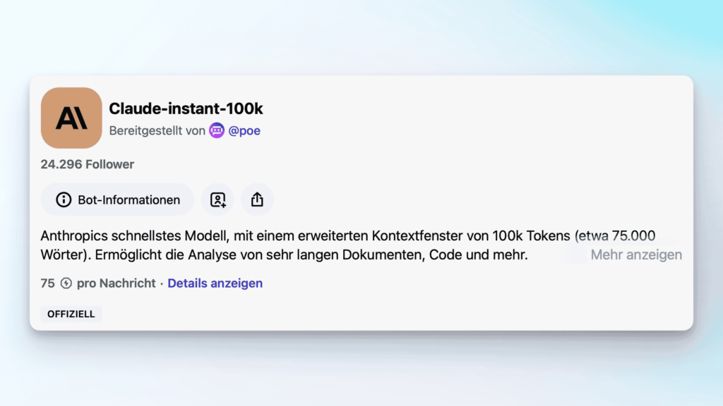 Informationen zum Claude Instant Modell bei Poe mit 75 Berechnungspunkten pro Nachricht