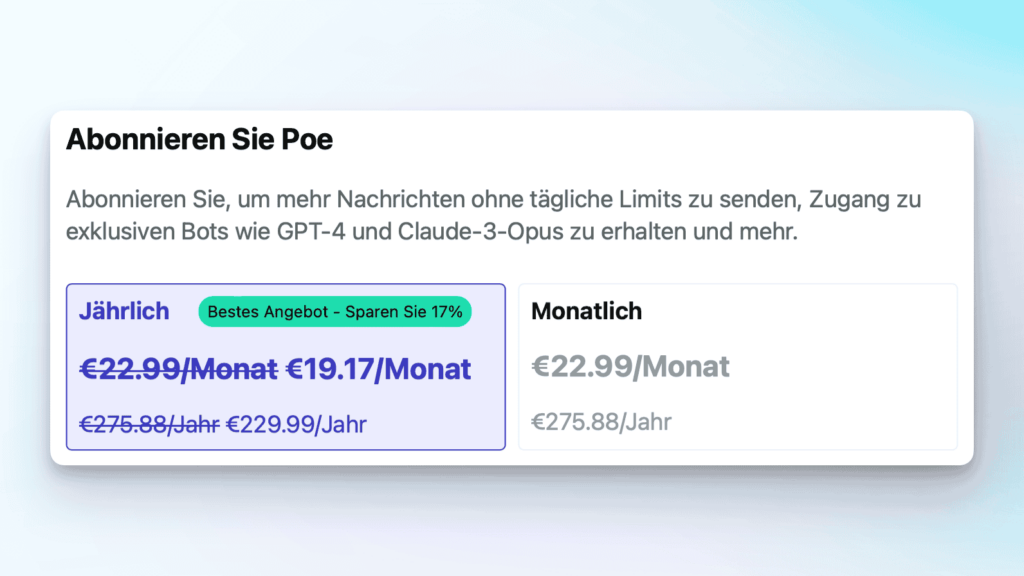 Die Abo-Optionen von Poe mit monatlicher Zahlung 23€ und jährlicher Zahlung 230€