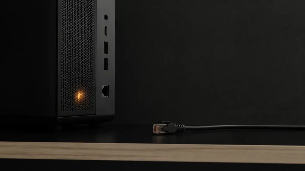 Ein lokal weiterlaufender Rechner mit sichtbar abgezogenem Netzwerkkabel zeigt Offline-KI als Kontrolle und Privatsphäre