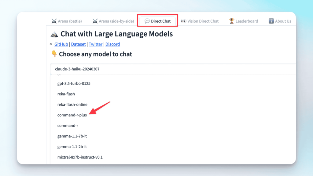 Screenshot der Chatbot Arena, Direct Chat ist ausgewählt und ein Pfeil zeigt auf das command-r-plus Modell