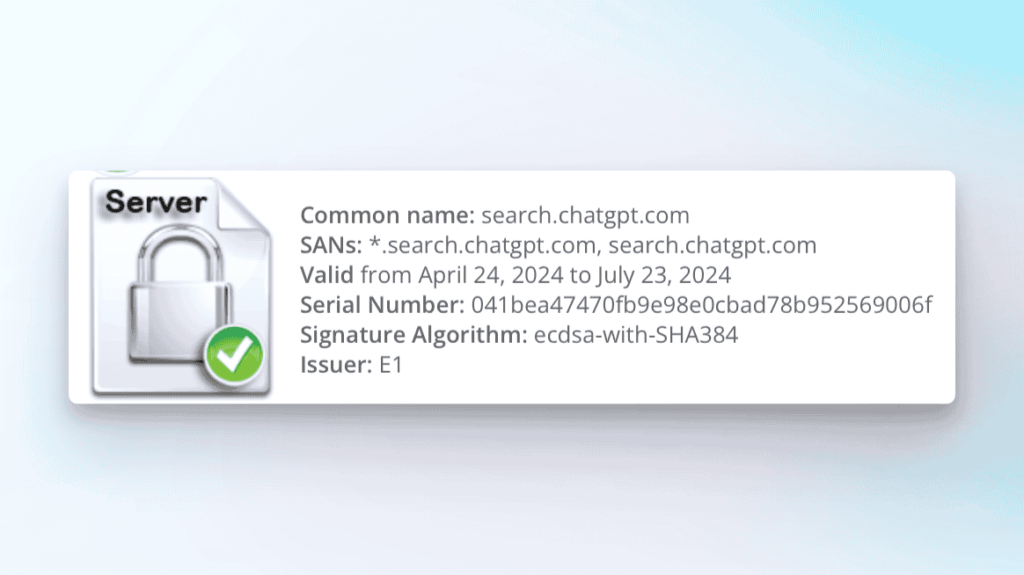 Screenshot des SSL Zertifikats von search.chatgpt.com mit dem Ausstellungsdatum 24.04.2024