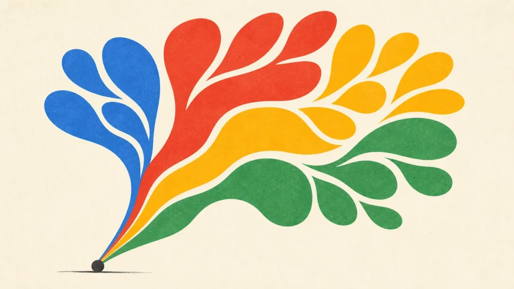 Vier Google-nahe Farbfelder wachsen aus einem gemeinsamen Ursprung zu einem breiten Produkt-Ökosystem auf, ohne ein Logo nachzubauen