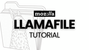 Mozilla Logo und Text "Llamafile Tutorial" auf hellem Hintergrund mit Ordner Icon und einem Llama