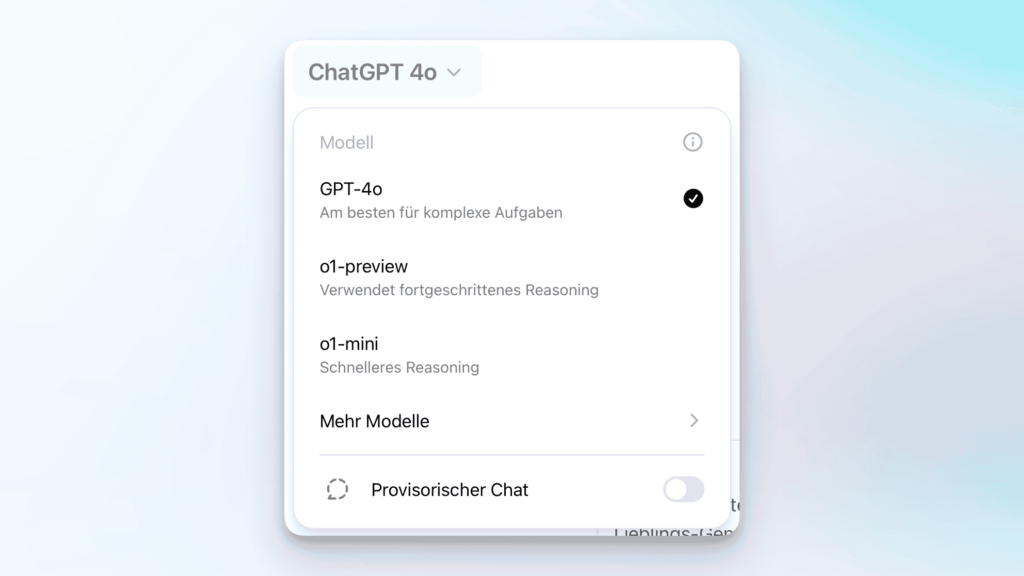 Screenshot der Modell-Auswahl in ChatGPT mit den neuen Optionen o1-preview und o1-mini