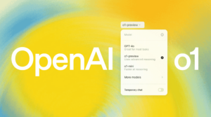 Text "OpenAI o1" mit einem Screenshot der Modellauswahl bei ChatGPT auf pastellfarbenem Hintergrund