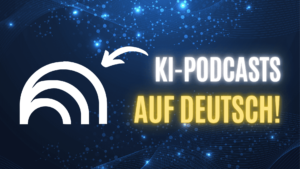 NotebookLM Logo und Text "KI-Podcasts auf Deutsch!" auf dunklem Hintergrund