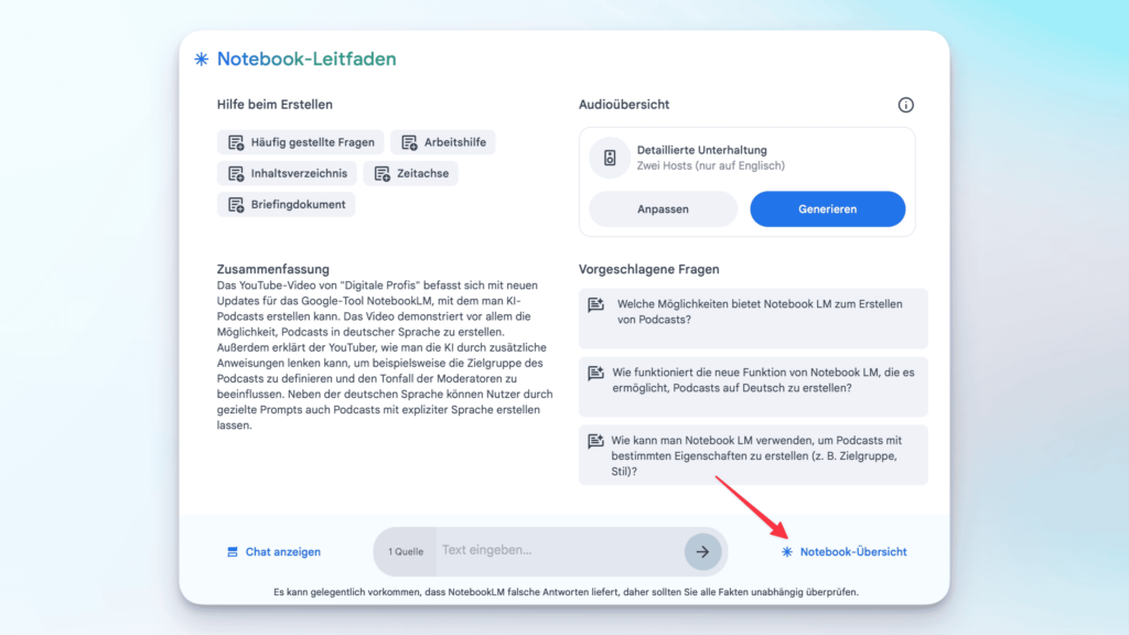 Notebook-Leitfaden in NotebookLM mit Pfeil auf die Schaltfläche "Notebook-Übersicht" zum Öffnen