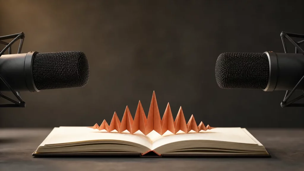 Zwei Mikrofone rahmen ein offenes Quellenbuch, aus dem eine einzige gefaltete Audio-Welle entsteht