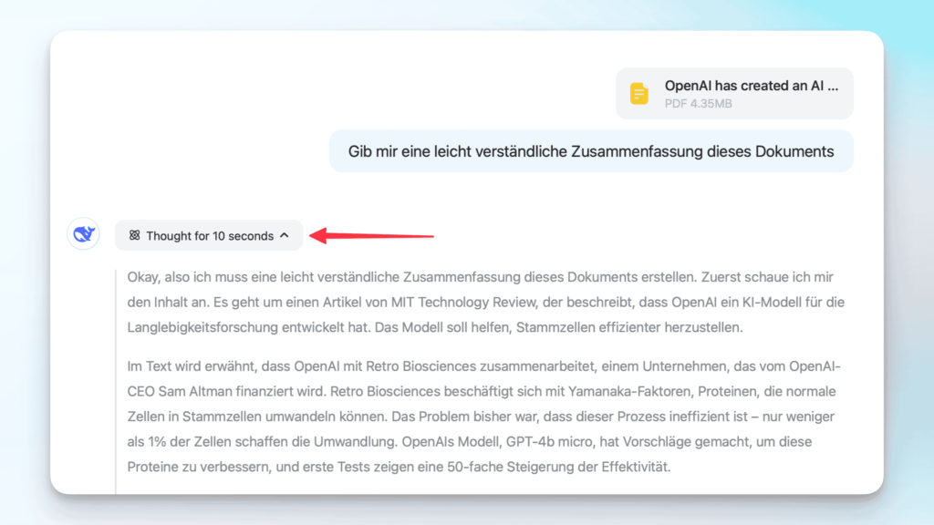 Screenshot des "Gedankenprozesses" von DeepSeek R1