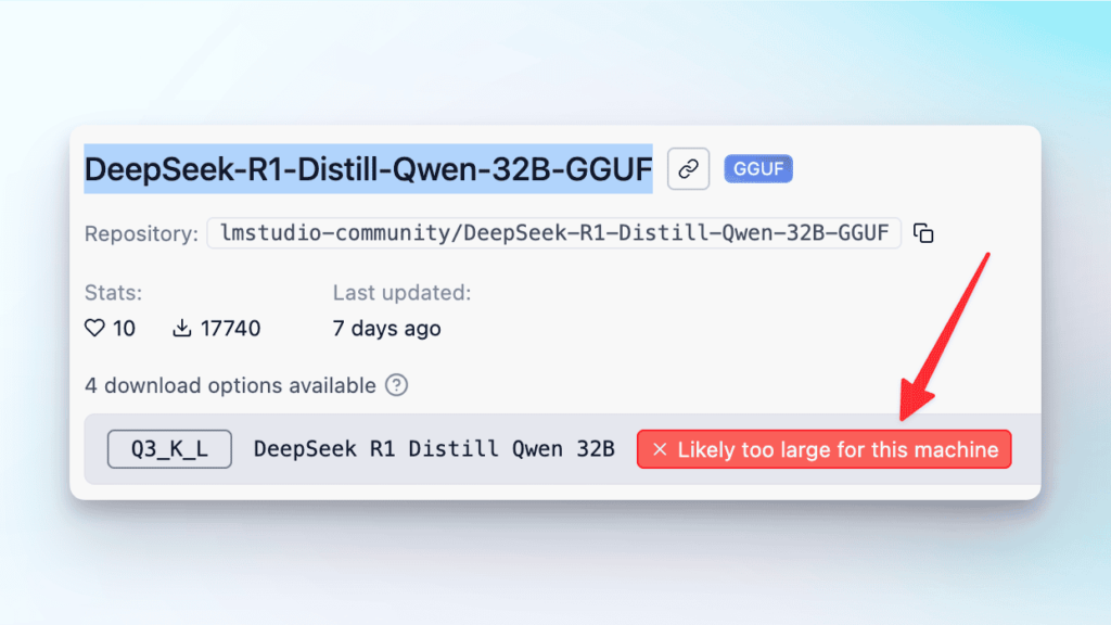 Screenshot aus LMStudio mit der Warnung, dass das Modell zu groß für die Hardware ist