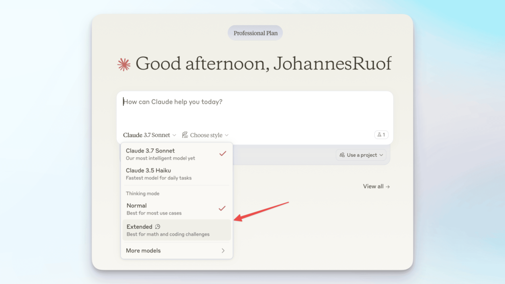 Modellauswahl auf der Claude Startseite mit dem neuen Sonnet 3.7 Modell mit oder ohne Extended Thinking