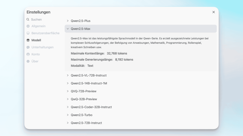 Detaillierte Modellauswahl in Qwen mit Erklärungen zu den Modellen