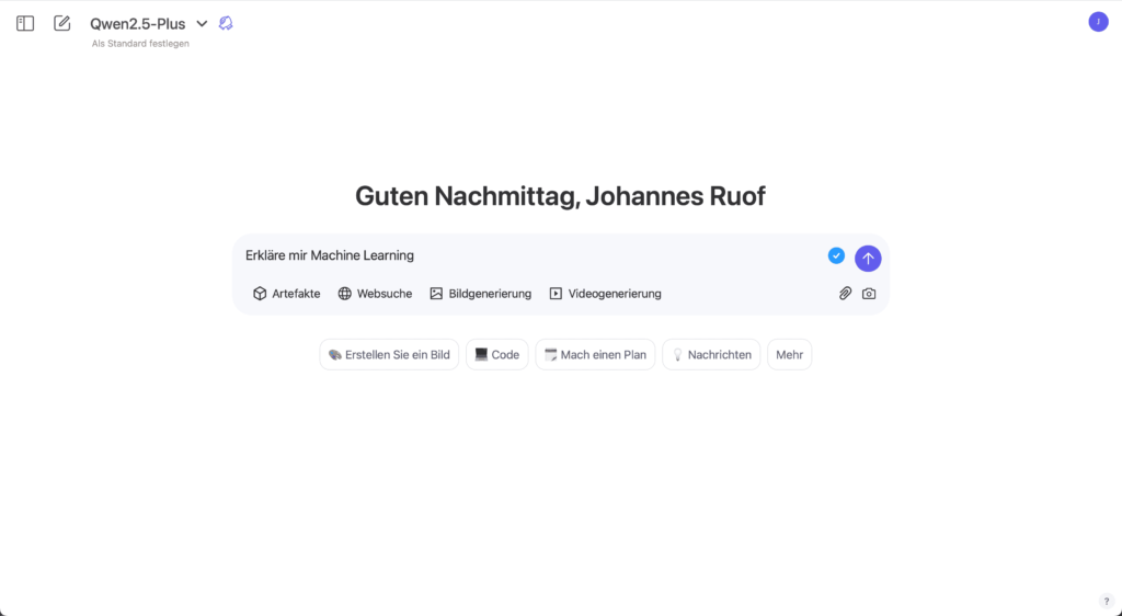 Die Oberfläche des Qwen Chatbots nach Anmeldung