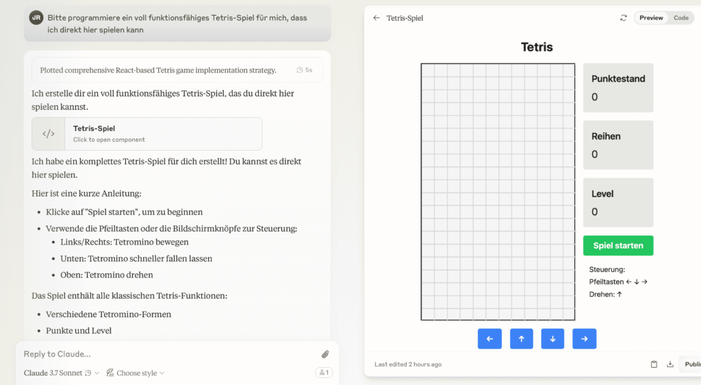 Screenshot eines von Claude erzeugten Tetris-Spiel Artifacts mit dem Prompt und der Antwort des Chatbots