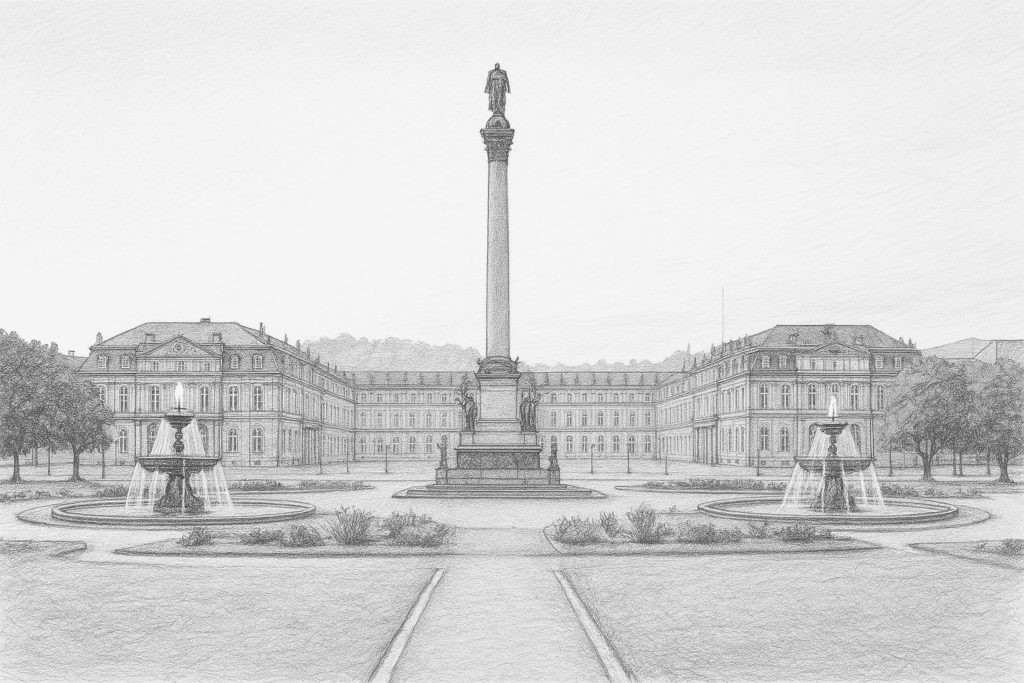 Eine Bleistiftskizze des Stuttgarter Schlossplatzes