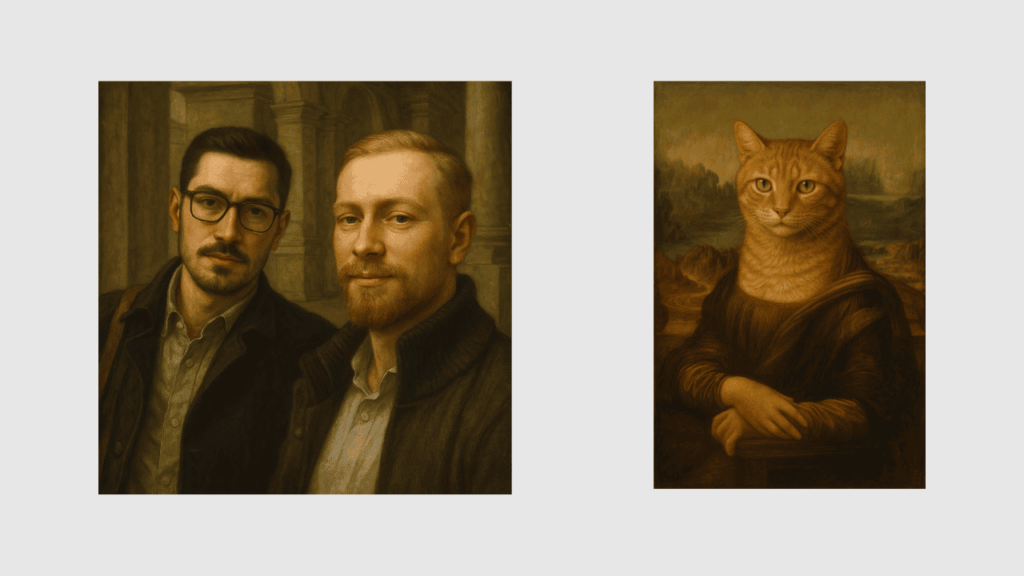 Johannes und Timothy als Renaissance Gemälde und eine Katze als Mona Lisa