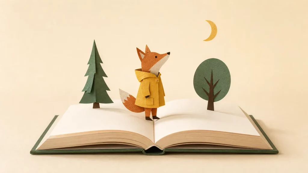Aus einem leeren Bilderbuch erhebt sich eine kleine, eigenständige Papierwelt mit Fuchs, zwei Bäumen und Mond