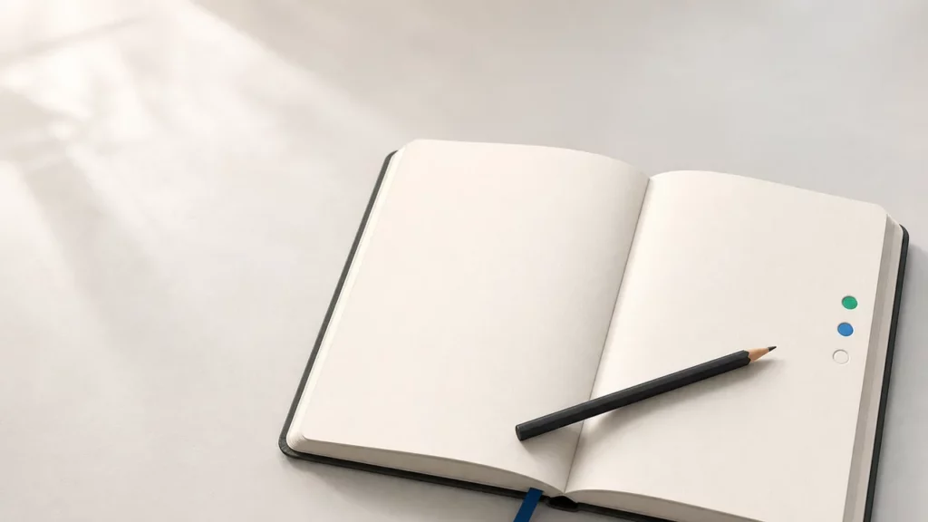 Ein leeres Übungsnotizbuch, ein pausierender Stift und ein offener Fortschrittspunkt stehen für aktives Lernen statt fertiger Antworten