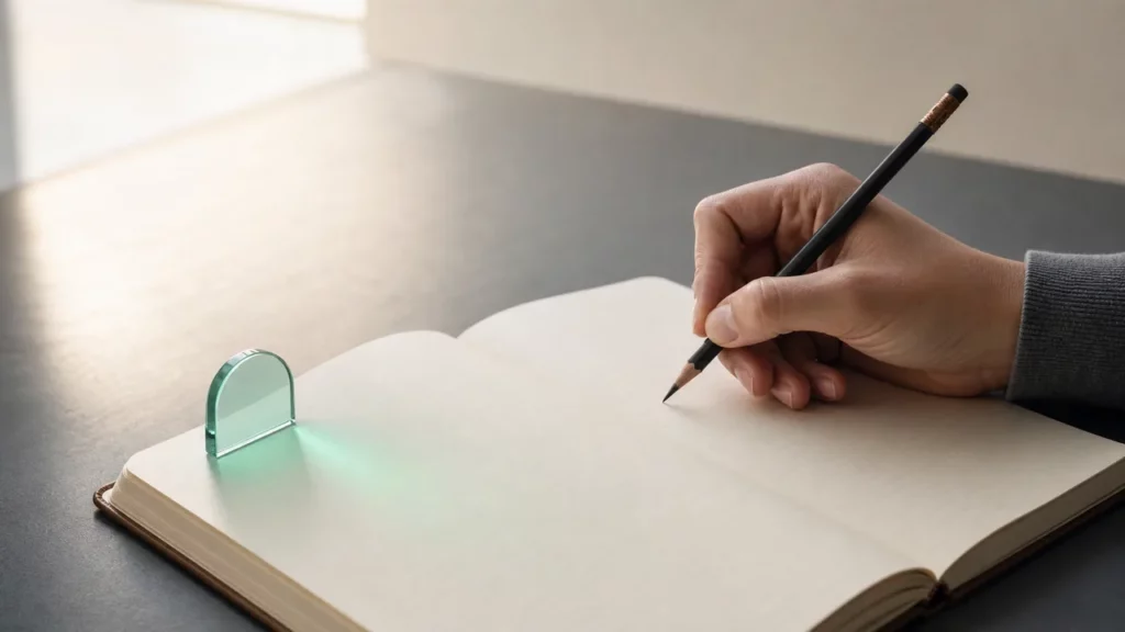 Eine echte Hand schreibt selbst ins leere Notizbuch; eine kleine transparente Orientierungshilfe beleuchtet nur, ohne den Stift zu übernehmen