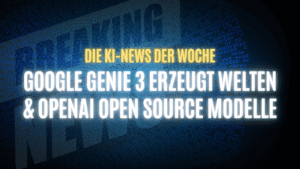 Text "Die KI-News der Woche, Google Genie 3 Erzeugt Welten & OpenAI Open Source Modelle" auf dunklem Hintergrund