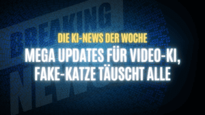 Text "Die KI-News der Woche, Mega Updates für Video-KI, Fake-Katze täuscht alle" auf dunklem Hintergrund