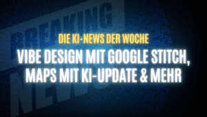 Text "Die KI-News der Woche, Vibe Design mit Google Stitch, Maps mit KI-Update & Mehr" auf dunklem Hintergrund