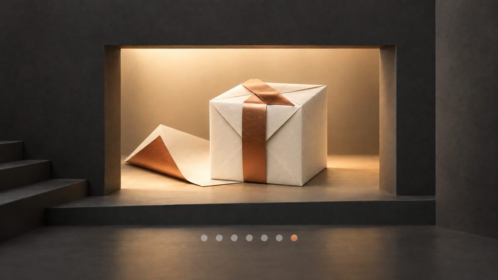 Ein gefaltetes Geschenkpäckchen aus hellem Papier liegt in einer warm beleuchteten Nische; der siebte Fortschrittspunkt ist kupferfarben.